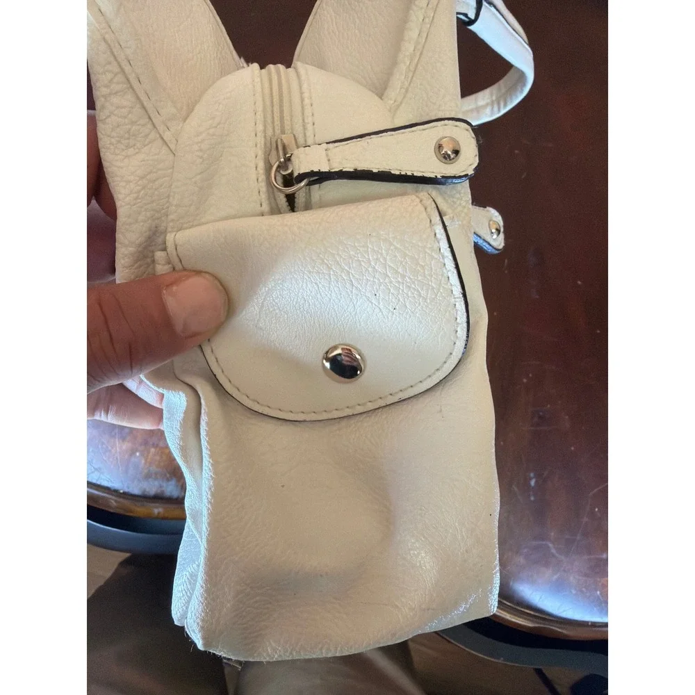 Rosetti Ivory Faux Leather Shoulder Bag Braided Strap Multi Pocket Hobo Purse